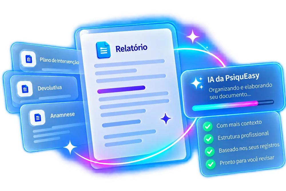 Ilustração da IA do PsiquEasy organizando relatórios e outros documentos para revisão profissional