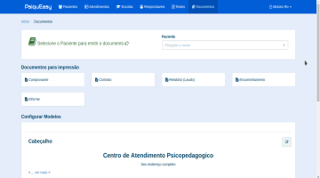 Tela de documentos no sistema para psicopedagogos - PsiquEasy